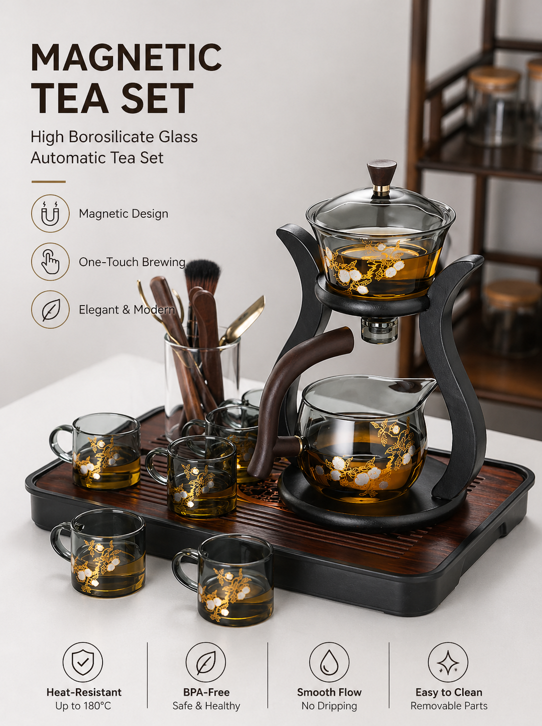 Magnetic Automatic Glass Tea Set – One-Touch Brewing, No Mess, No Burns